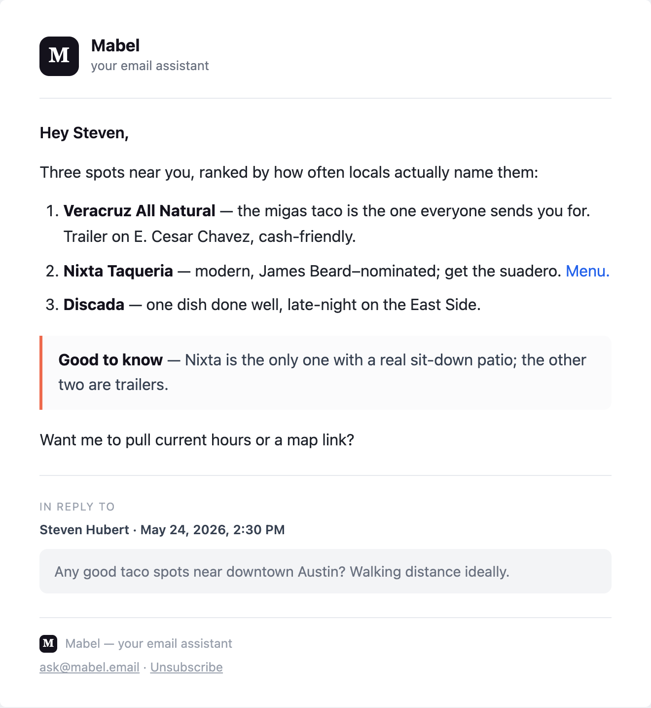 A reply from Mabel: three ranked taco spots, a 'good to know' note, and the original question quoted below.